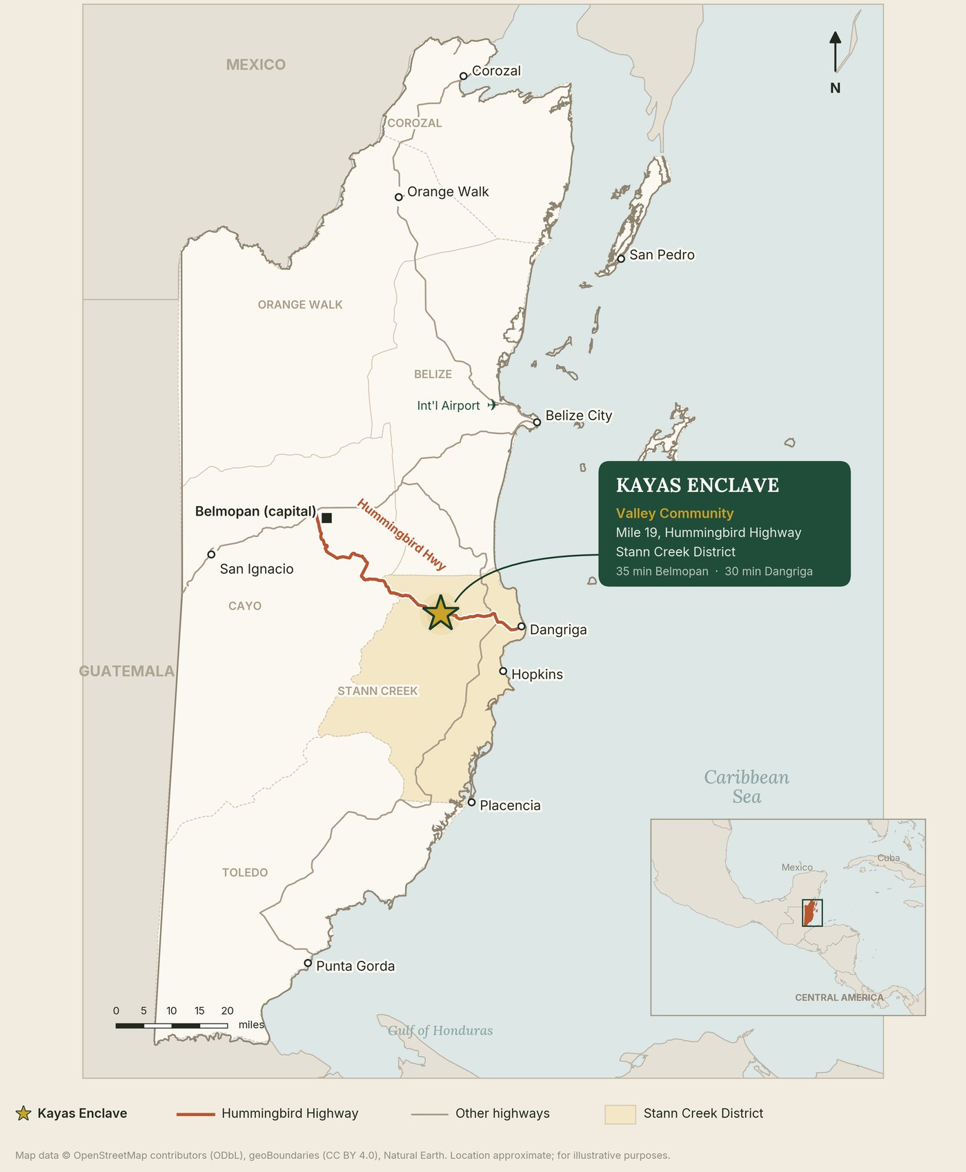 Map of Belize with Kayas Enclave starred at Valley Community, Mile 19 on the Hummingbird Highway, Stann Creek District