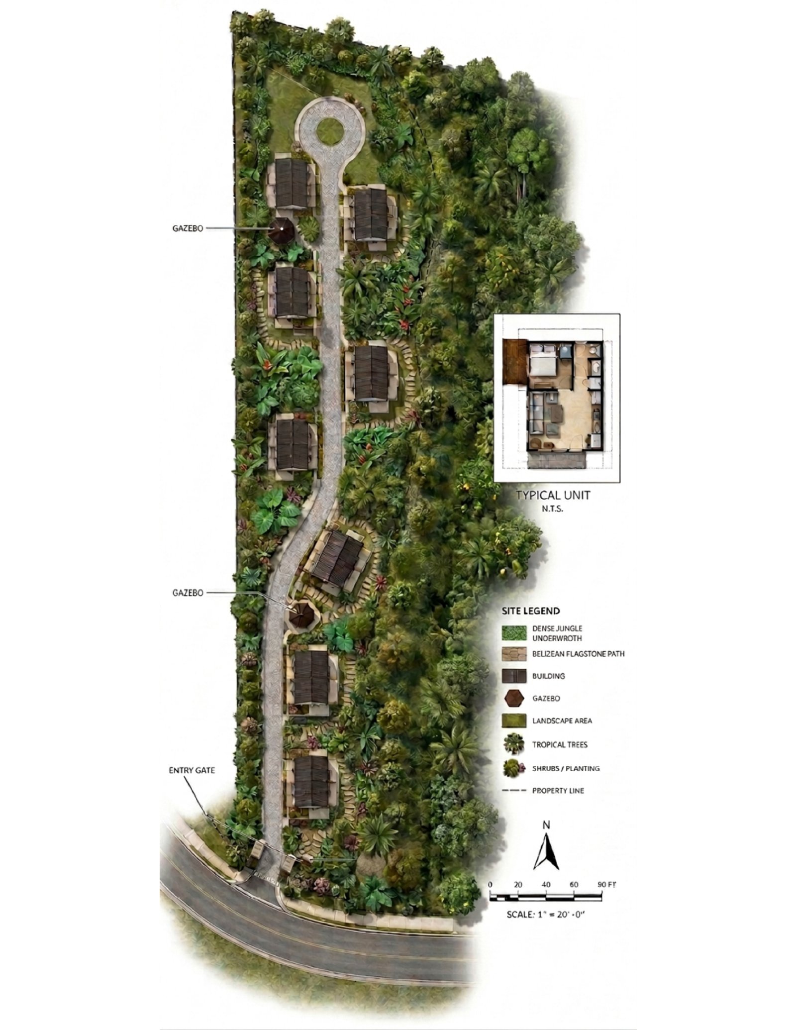 Illustrated community site plan showing building placement, gazebos, and gated entry